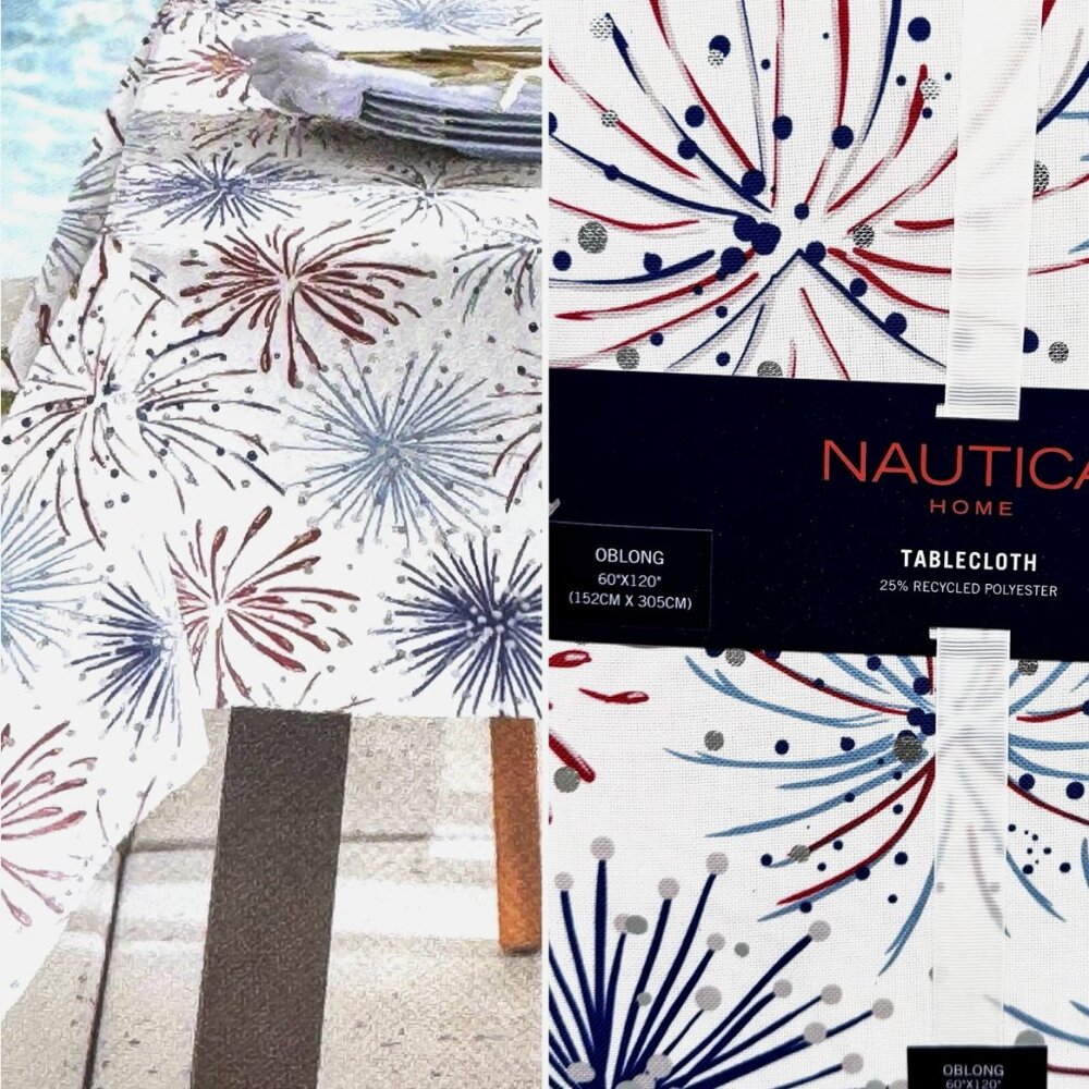 Nautica 4th of July Fireworks 60x120 Tablecloth Silver Foil Red Blue In/ Outdoor
